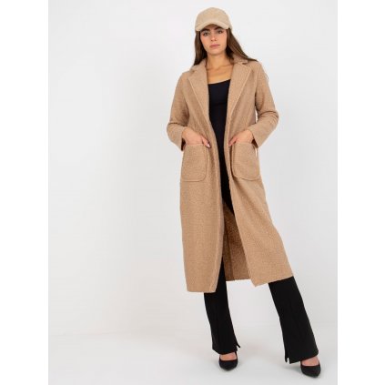Dlouhý dámský kabát beránek s kapsami TW-PL-BI-5220.63 (Velikost ONE SIZE, Barva Béžová)