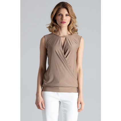 Elegantní halenka bez rukávů s obálkovým výstřihem M337 FIGL (Barva Béžová, Velikost L)