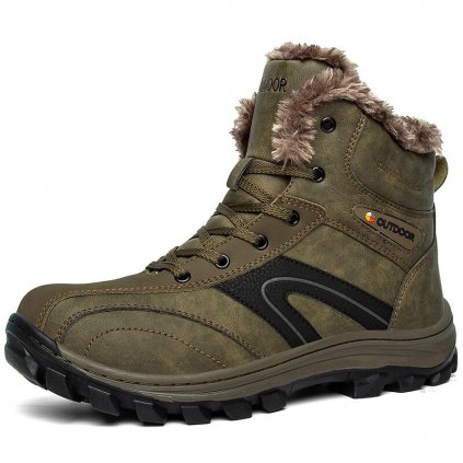 Zimní pánské boty s kožíškem kožené sněhule - KHAKI 48