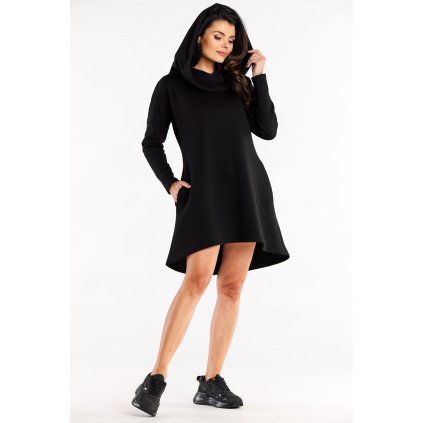 Volné trapézové šaty s kapucí a kapsami M328 (Velikost L/XL, Barva Černá)