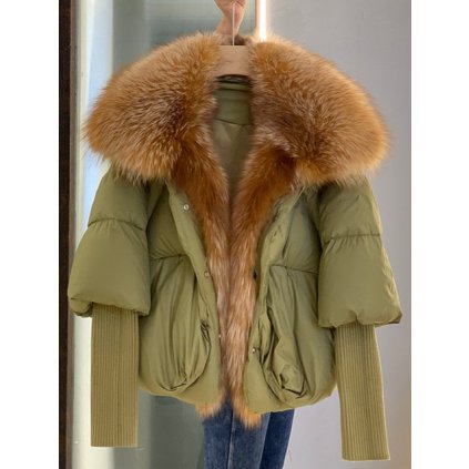 Zimní bunda husí peří a kožich z lišky - KHAKI M/L