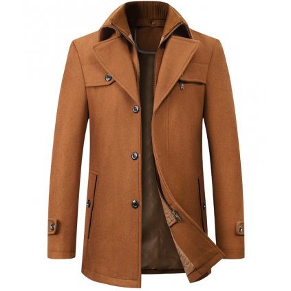 Elegantní pánský kabát vlněný s límečkem - HNĚDÝ XL