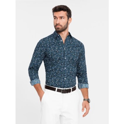 Pánská SLIM FIT vzorovaná bavlněná košile V1 - ESPIR (Velikost M, Barva Tmavě modrá)