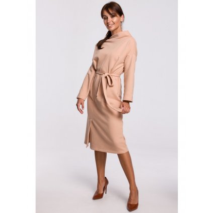 Elegantní šaty s páskem v pase B178 (Velikost S, Barva Béžová)