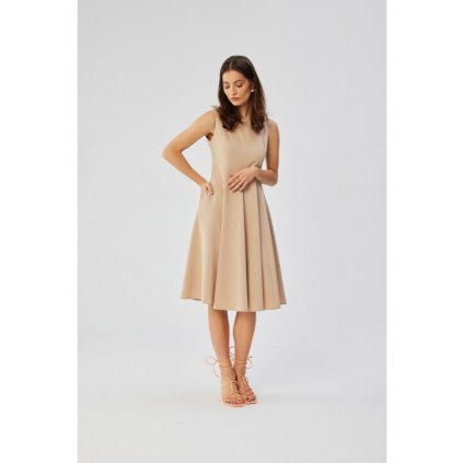 Rozšířené elegantní šaty bez rukávů S358 (Velikost S, Barva Béžová)
