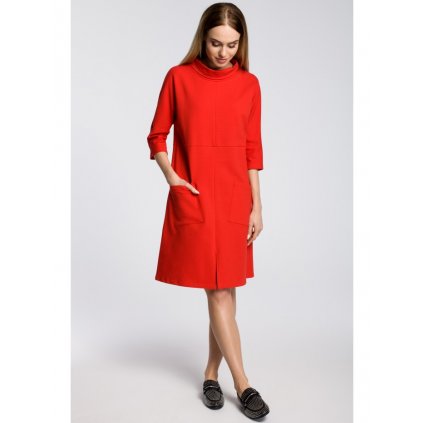 Oversize šaty s diagonálními kapsami M353 (Velikost S/M, Barva Červená)