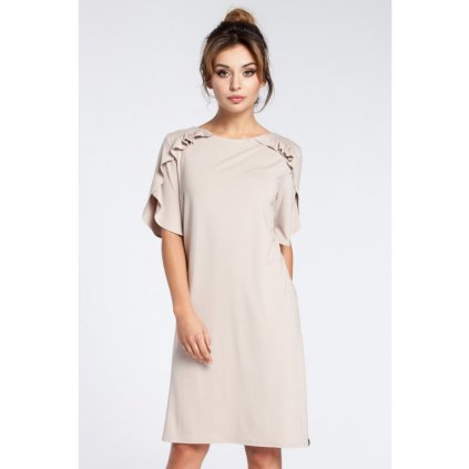 Elegantní midi šaty s volány B035 (Velikost S, Barva Béžová)