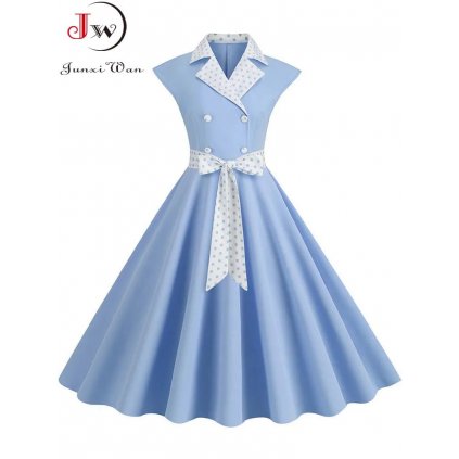Áčkové pin-up retro šaty s potiskem JW909 (Barva (varianta) Nebeská, Velikost S)