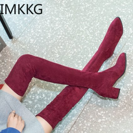 Semišové kozačky nad koleno na podpatku (Barva Černá, Velikost 35)