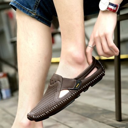 Letní kožené prošívané boty slip-on (Barva Hnědá, Velikost 38)