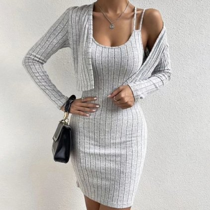 Pletená souprava šaty a cardigan (Barva Černá, Velikost 2XL)