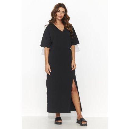 Bavlněné oversize maxi šaty s rozparkem NU466 (Barva Černá, Velikost S/M)