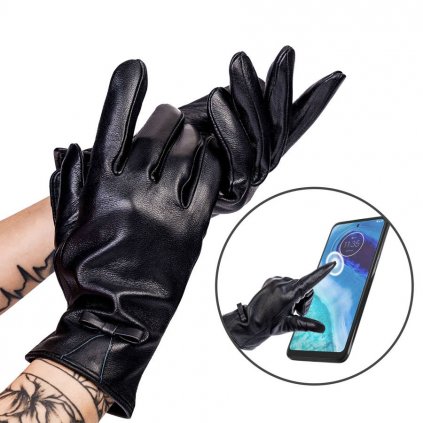 Zateplené dámské rukavice z přírodní kůže s mašlí