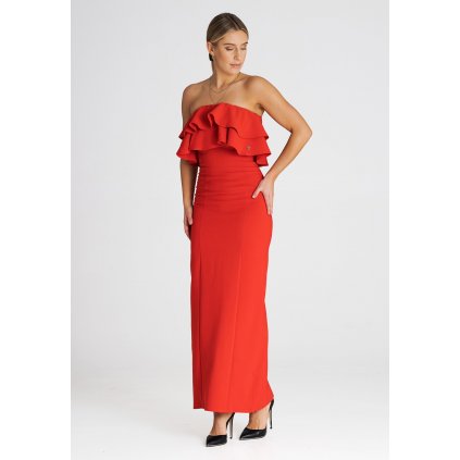 Elegantní maxi šaty bez rukávů s volánem M987 FIGL (Barva Červená, Velikost S)