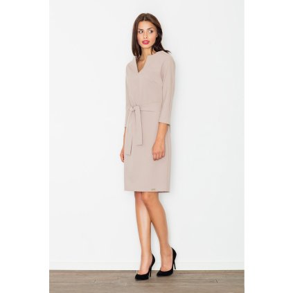 Elegantní jednoduché šaty s výstřihem do V M526 FIGL (Barva Béžová, Velikost M)
