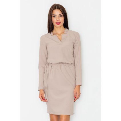 Elegantní šaty s V výstřihem M533 (Barva Béžová, Velikost S)