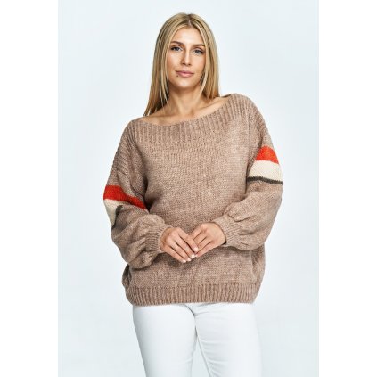 Krátký volný svetr, barevné pruhy na rukávech M909 (Barva Hnědá, Velikost ONE SIZE)