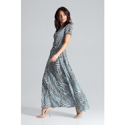 Dlouhé šaty s krátkými rukávy.L042 Pattern (Barva Vzorovaná, Velikost S)