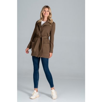 Krátký prošívaný kabát, bez zapínání s páskem M814 (Barva Hnědá, Velikost L/XL)