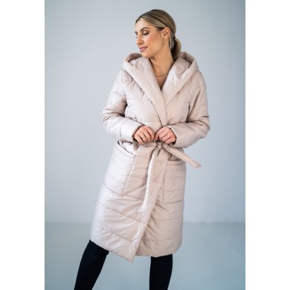 Prošívaný kabát s kapucí M929 (Barva Béžová, Velikost L/XL)
