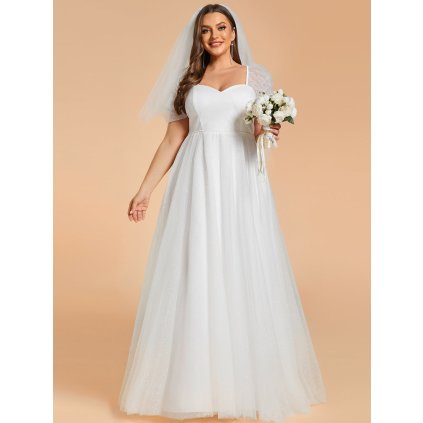 Elegantní svatební šaty s nabíranými rukávy (Barva Bílá, Velikost 4XL)