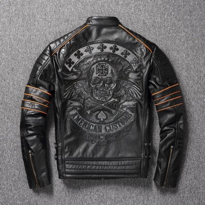 Pravá kožená bunda na motorku s lebkou - AKCE
