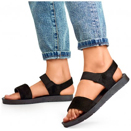 semišové sandály s gumičkou a plochou podrážkou
