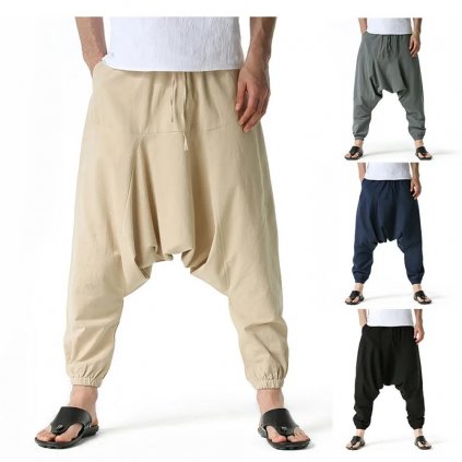 Pánské lněné kalhoty baggy s nízkým sedem