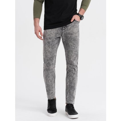 Pánské mramorované džínové kalhoty s raw nohavicemi SLIM FIT - V1 OM-PADP-0146 (Velikost S, Barva Šedá)