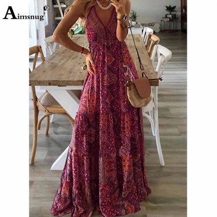 Boho maxi šaty na léto se vzorem - Bordo M/XL