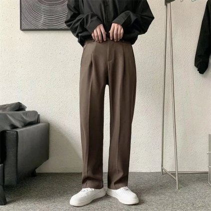 Pánská volné formální kalhoty s vysokým pasem (Barva Hnědá, Velikost 2XL)