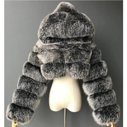 Dámský crop kožich s kapucí (Barva Šedá, Velikost 7XL)
