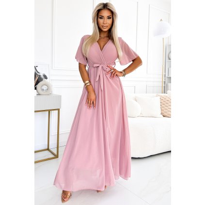 Dlouhé šaty s řaseným výstřihem a zavazováním 545-1 (Velikost ONE SIZE, Barva Růžová)