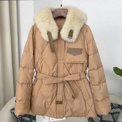 Zimní prošívaná bunda s peřím a pravou kožešinou (Barva Khaki, Velikost XL)