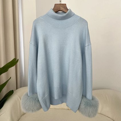 Pletený svetr rolák s pravou kožešinou (Barva Růžová, Velikost ONE SIZE)