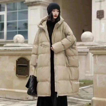 Dlouhá oversized bunda s prošíváním, plněná kachním peřím (Barva Červená, Velikost S)