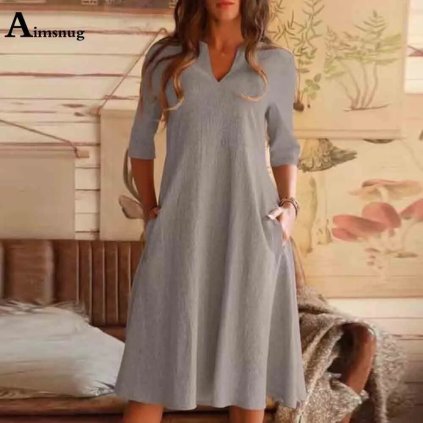 Áčkové šaty po kolena s 3/4 rukávy - BEIGE XXL