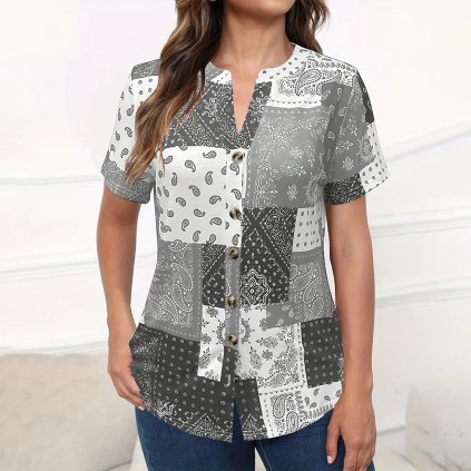 Vzorovaná halenka na knoflíky s potiskem (Barva Červená, Velikost 2XL)
