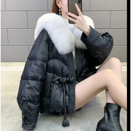 Péřová bunda s kožešinou pravá liška (Barva Modrá, Velikost M)