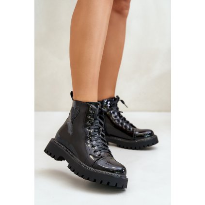 Lakované Boty Na Zip S Dekorativním Srdcem  Obeena (Velikost 36, Barva Černá)