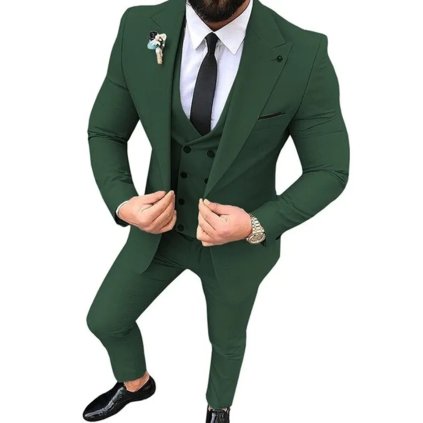 Svatební pánský oblek 3v1 s vestou - Zelený 3XL