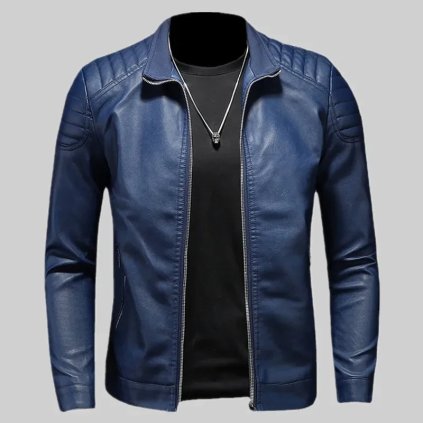 Pánská kožená bunda s límečkem moto (Barva Modrá, Velikost 3XL)