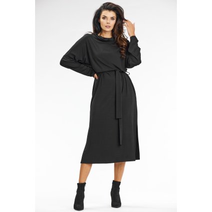 Viskózové Kimono midi šaty s rolákem a dlouhými rukávy A671 (Velikost L, Barva Černá)