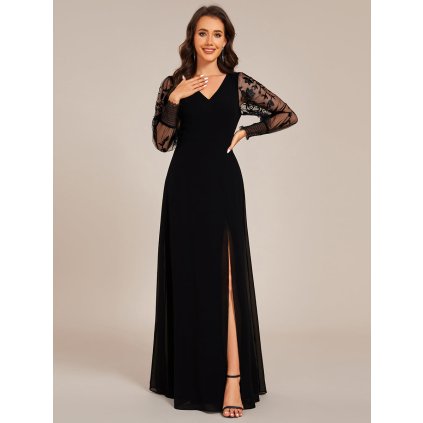 Elegantní večerní šaty s výšivkami a bočním rozparkem (Barva Černá, Velikost S)