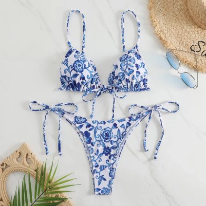 Dvoudílné bikini plavky s modrým potiskem květů porcelain
