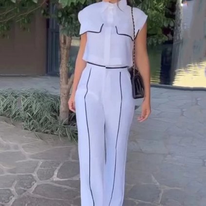Dvoudílný set do kanceláře souprava halenka a široké kalhoty (Barva Barevná, Velikost S)