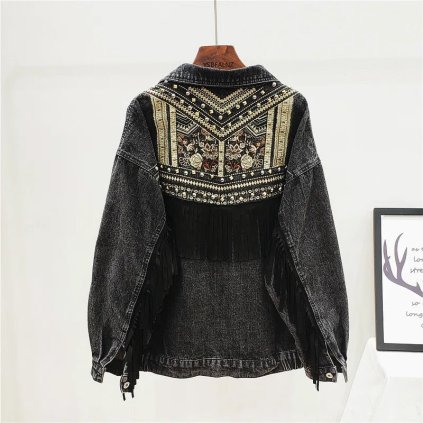 Boho džínová bunda s třásněmi (Barva Světle modrá, Velikost XL)