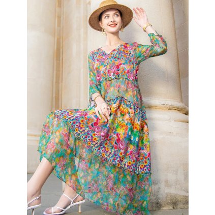 Květované boho šaty s výstřihem do V (Barva Barevná, Velikost 2XL)