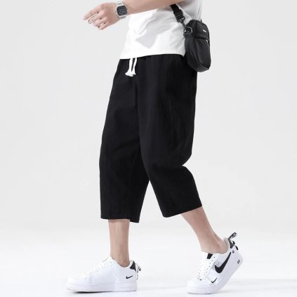 Lněné pánské kalhoty 7/8 se šňůrkou (Barva Černá, Velikost 2XL)