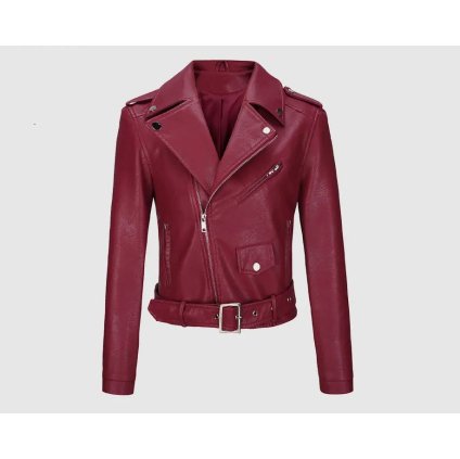 Dámská stylová kožená biker bunda s páskem  - Bordo M